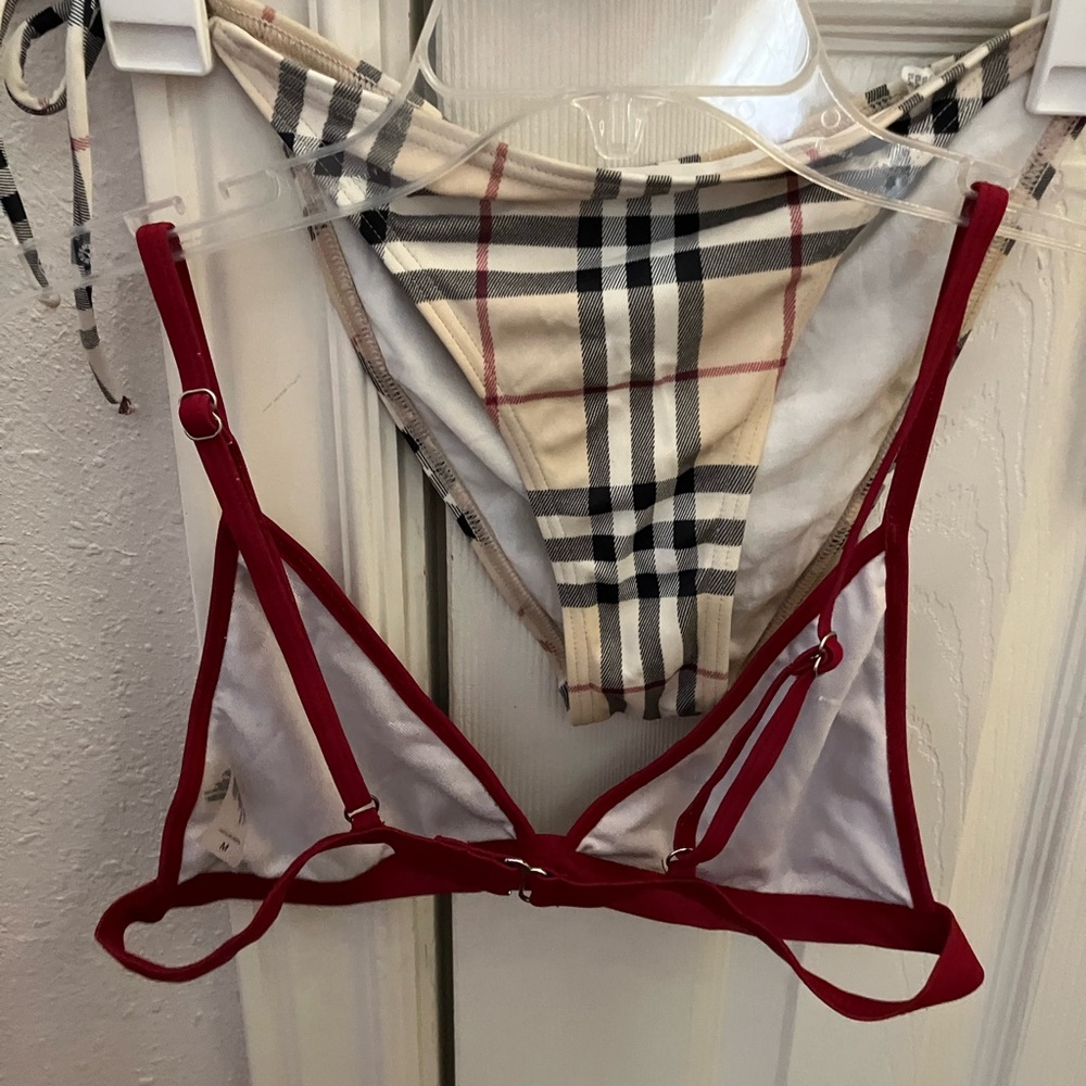 Burberry Beige Nova Check Bikini Bottom with Red Bikini Top - Picture 4 of 13